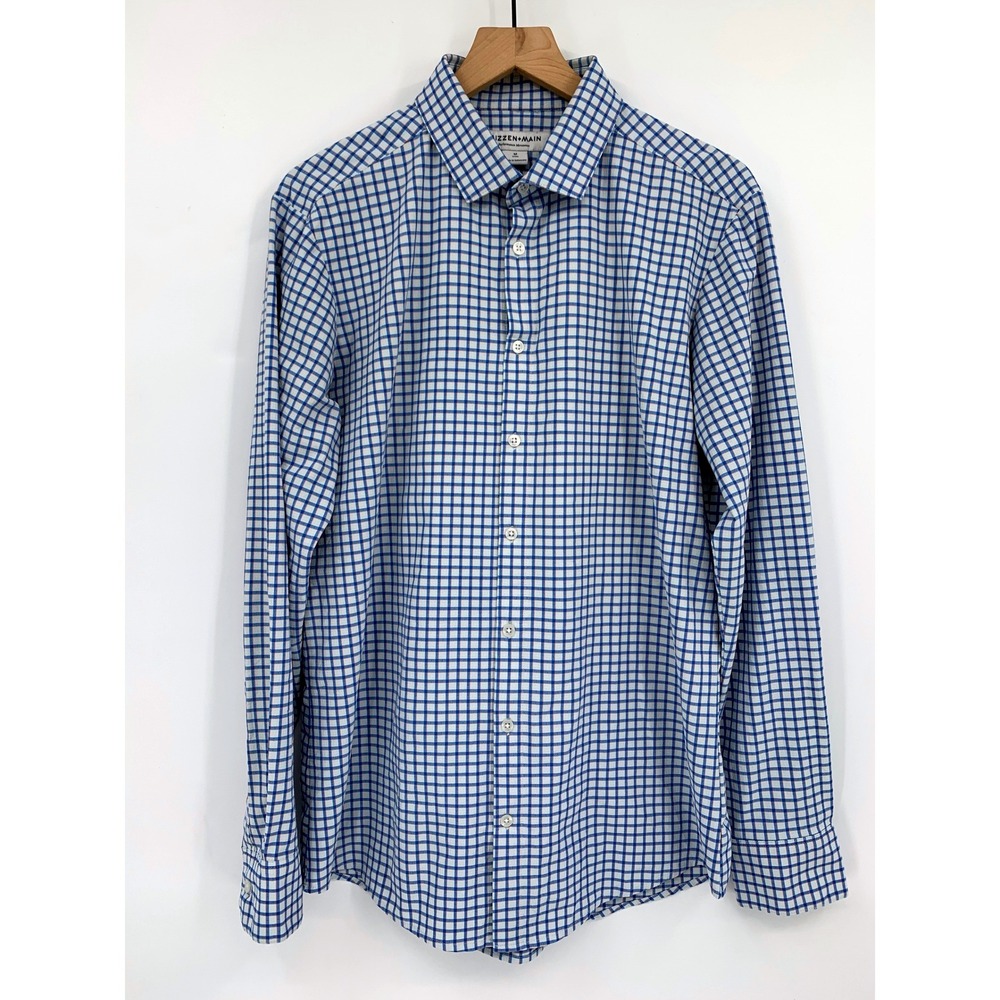 Mizzen+Main Shirt Mens Medium Blue Orange Plaid Trim Fit Performance Stretch